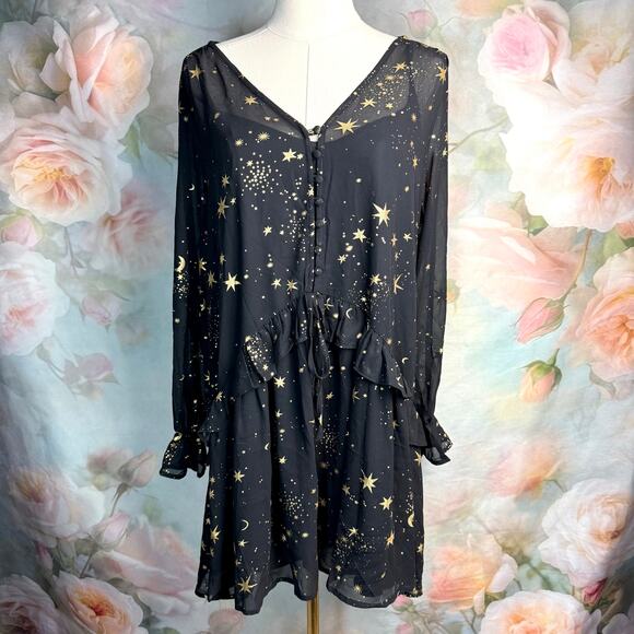 NWT SilkFred If By Sea Black & Gold Star & Moon Lined Flowy Sheer Dress - Picture 1 of 8